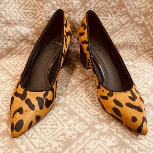 BRIAN ATWOOD Sz 6 Animal Print Pointy Toe Pony Hair Cage Chunky Heel Pumps Shoes